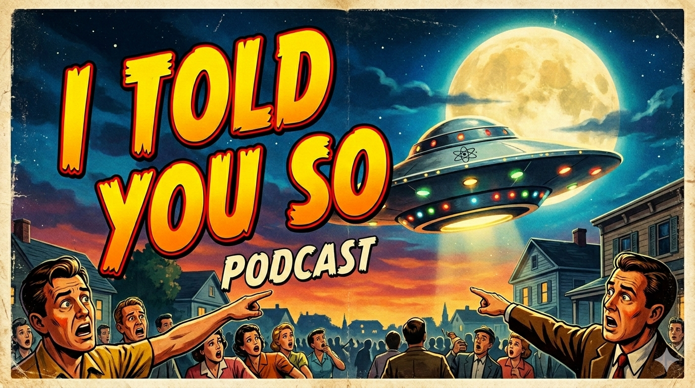 Retro 1950s crowd pointing at a UFO saucer